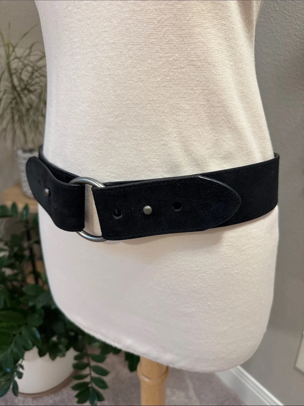 Black real suede and leather belt antique silver buckle xs/sm